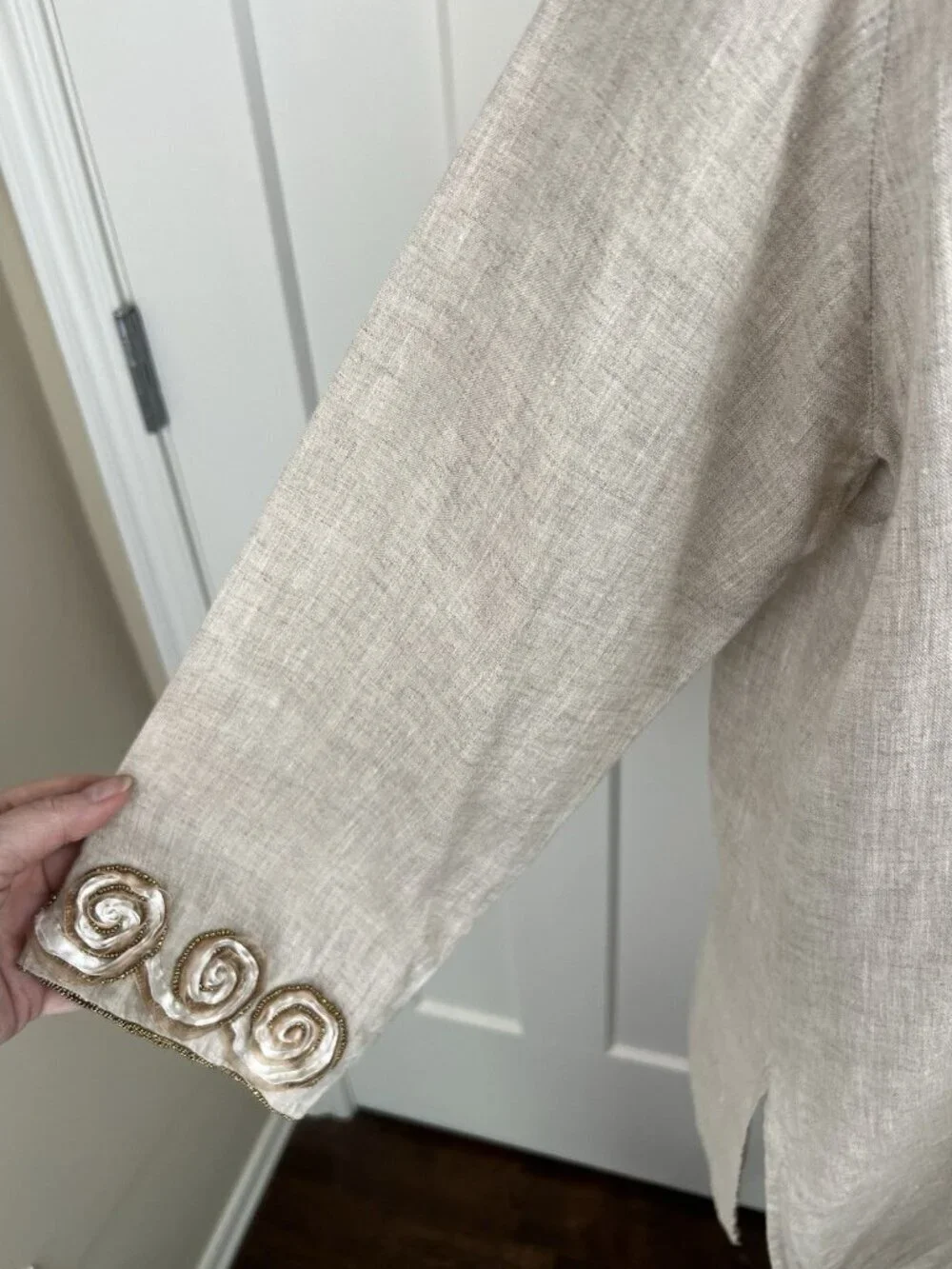 Key Lime & Pink Linen Tunic M Embellished Rosette Beaded Boho Top 3/4 Sleeve
